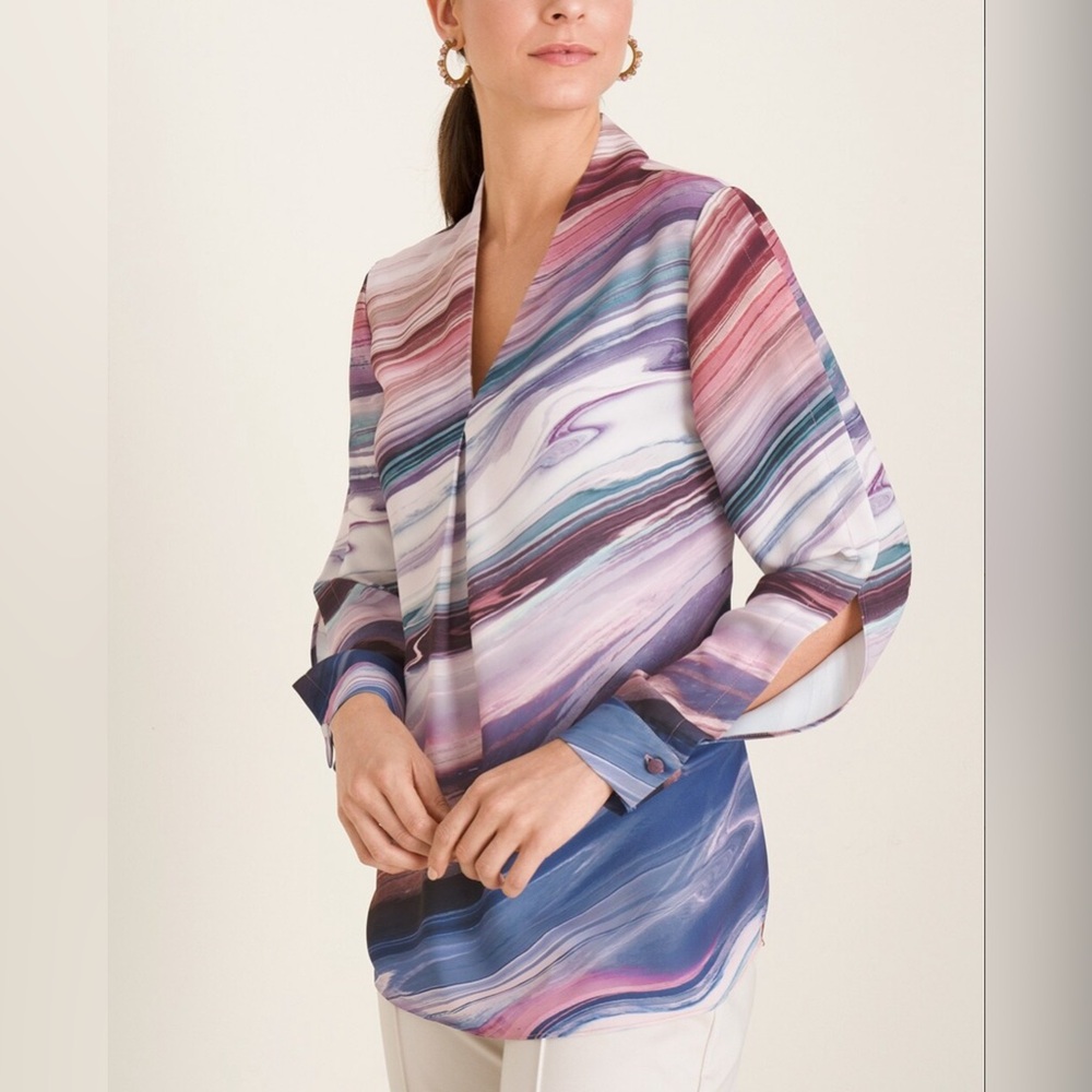 Stone-Stripes Print Pleated V-Neck Pullover from Chico’s in size 10 (1)